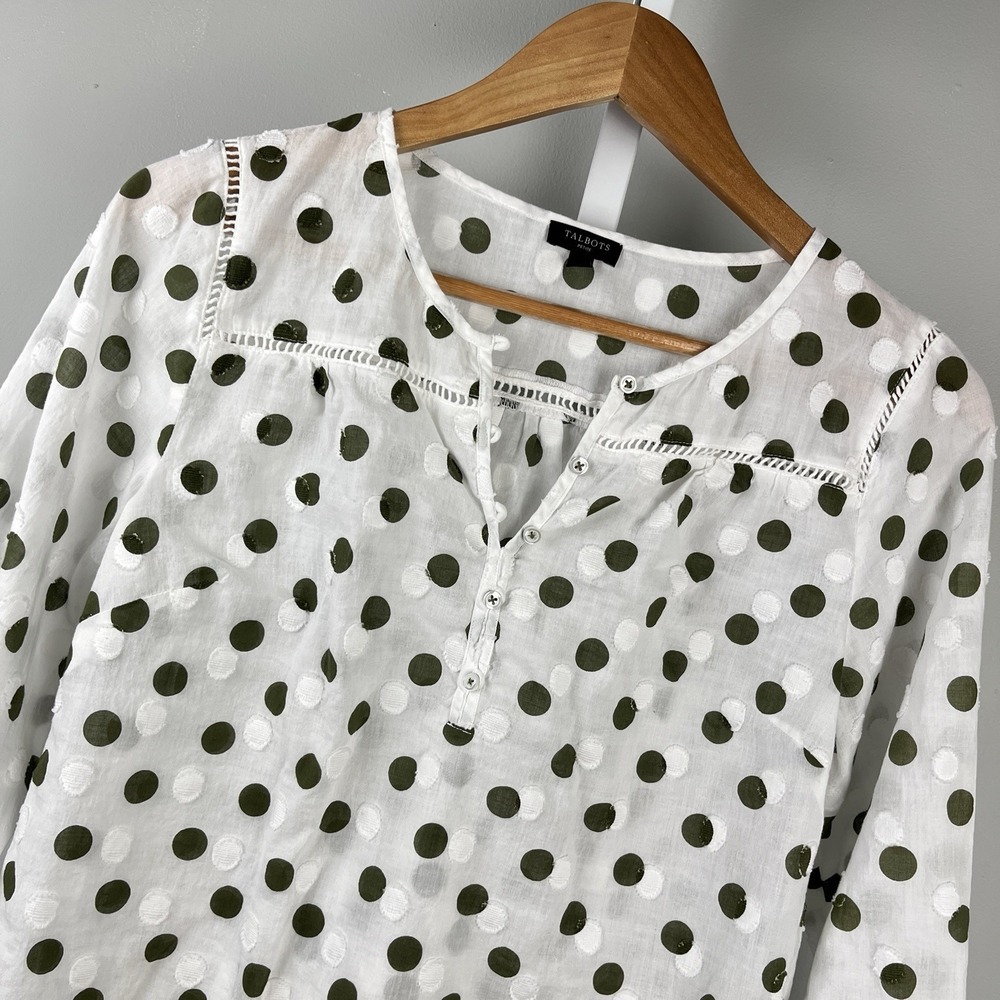 Talbots Petites Popover Top Womens MP Olive Green White Polka Dot 100% Cotton